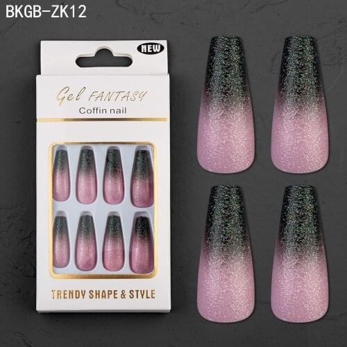 24pcs Black Gradient False Nails Set Detachable Glitter Powder Fake Nail Ballerina Coffin Tips Full Cover Press on Nail Art Tool