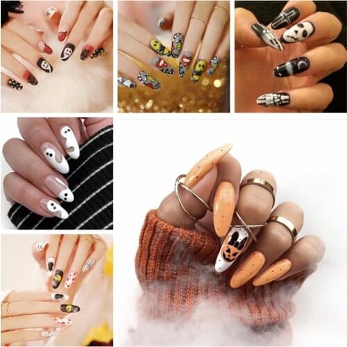 Almond Press On Nails Halloween Black Ghost Design Fake Nail Pumpkin Castle Pattern Glossy 24pcs/set Fashion False Nail Tips