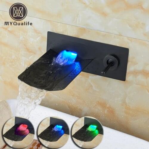 Wall Mounted Single Handle Bathroom Sink Mixer Taps Waterfall LED Color Changing Dual Hole Basin Faucet