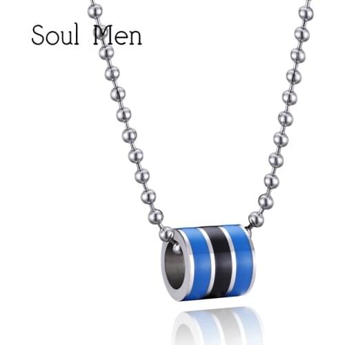Soul Men Blue & Black Enamel Beads Pendant Necklace Stainless Steel Ball Chain Simple Style Jewelry for Men Women