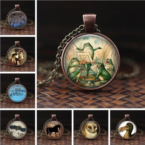 Peacock Pendant Necklace Handmade Statement Necklace Vintage Glass Round Pendent Jewelry Art Print Peacock Jewelry Accessories