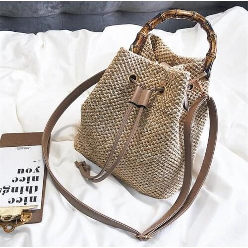 Handmade Women Summer Beach Straw Bags Bucket Crossbody Shoulder Bags Female Rattan Messenger Bag Hard Top-handle Bag