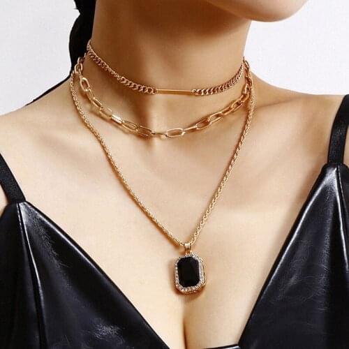 Trendy Multilayer Thick Chain Rhinestone Resin Gem Pendant Necklace Women Vintage Geometric Necklace Jewelry Kolye XR2827
