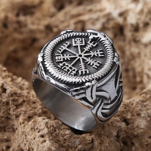 Vintage Viking Aegishjalmur Rings For Men Stainless Steel Nordic Pattern Compass Vegvisir Ring Amulet Pattern Jewelry