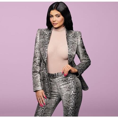 YT KylieJenner Snake- Print Pants Suit Designer Quality Two-Button Snakeskin Cotton Twill Peak Lapel Jacket Skinny 2 Piece Se