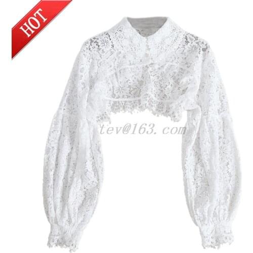 Women Puff Long Sleeve Lapel Half Top Blouse Hollow Out Eyelash Floral Lace Detachable False Fake Collar Dickey Necklace
