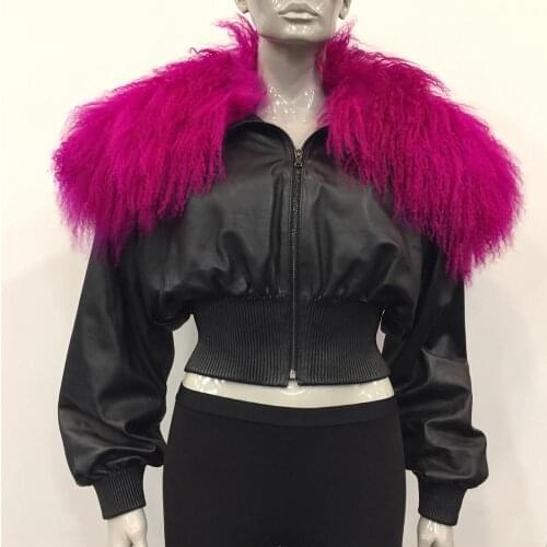 Womens Genuine Leather Black Bomber Jacket Fuchsia Fur Collar Real Sheepskin Casual Waterproof Naturel Slim Short French Style