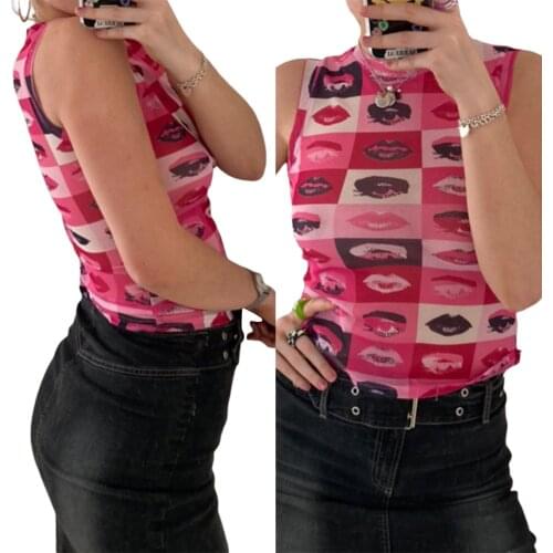 Womens Round Neck Tank Tops, Sheer Mesh Sleeveless Lips Eyes Graphic Slim Fit T-Shirts