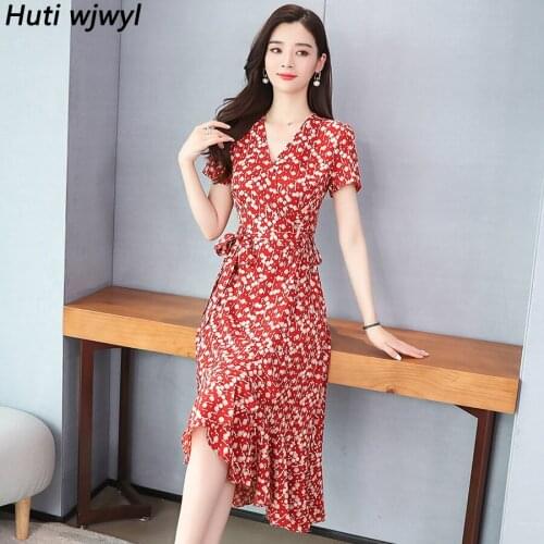 2021 Boho Floral Chiffon Beach Midi Sundress Spring Summer Korean Vintage Runway Dress Elegant Women Bodycon Sexy Party Vestidos