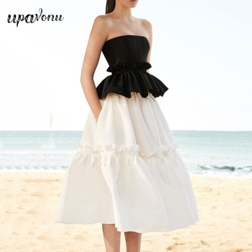 Free Shipping Women Patchwork Ruffles Pleated Temperament Dress New Strapless Sleeveless Loose Fit Fashion 2021 Summer Vestidos