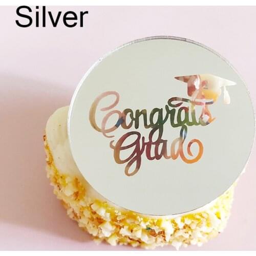 1pc Gold Congrats Grad Cupcake Topper Rose Gold Silver Acrylic Cake Topper for Graduations Graduate Party Cake Decorations 5cm