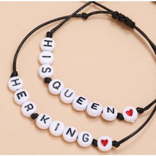 2 Pcs/Set His Queen Her King Letter Heart Womens Male Rope Chain Resin Couple Bracelet for Men Femme on Hands Jewelry Gifts