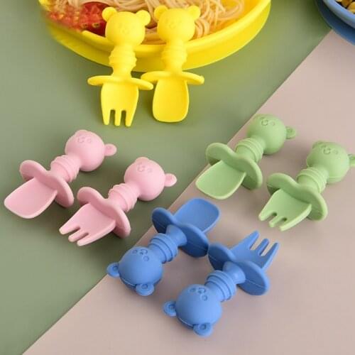 2Pcs/Set Newborn Baby Training Fork Spoon Set Silicone Feeding Spoon Food Grade Toddler Kids Teether Infant Utensils Dinnerware