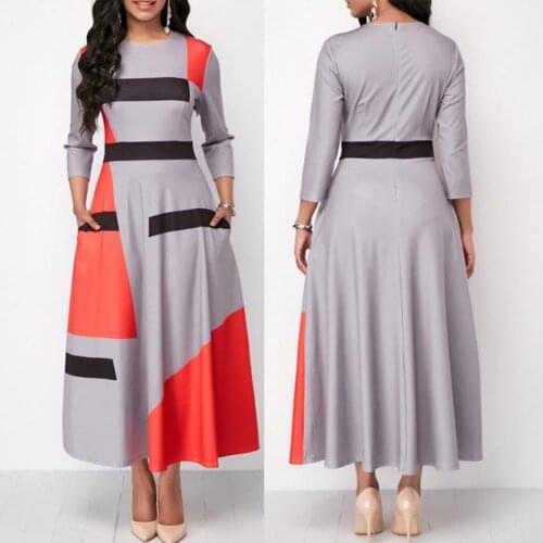 80% Hot Sales!!! Plus Size Fashion Women Color Block Striped 3/4 Sleeve O-Neck Slim Maxi Dress