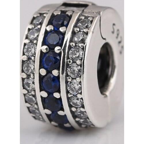 Authentic S925 DIY Jewelry Blue &n Clear CZ Clip Stopper Charm fit Lady Bracelet Bangle