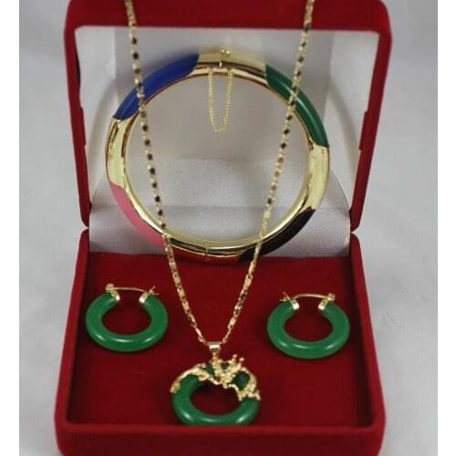 Free shipping Beautiful lucky green blue black red stone pendant earrings bracelet set NO BOX