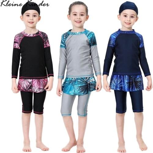 Kids Muslim Swimwear Rashguard+Skirted Trunks+Cap Girls Modest Swimsuit Swimming Bath Diving Suit Arab Islamic Girl Beachwear