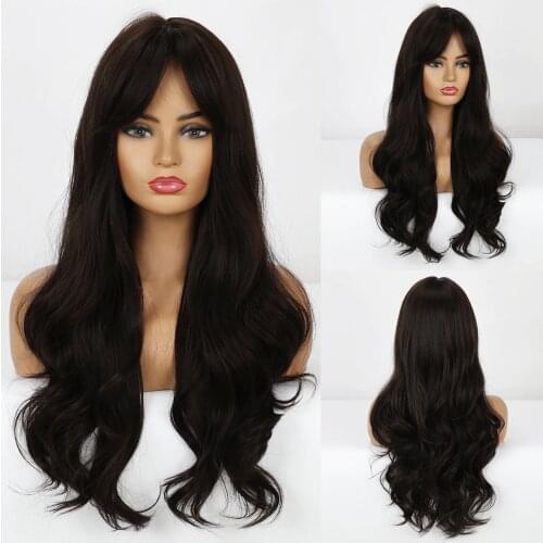 Long Black Synthetic Wigs for Women Wavy Wig With Air Bangs Silky Full Heat Resistant Fiber Cosplay Daily Party Replacement Wig