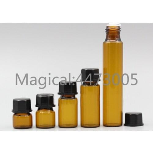 50/100/200pcs/lot 1/2/3/5/10ml Perfume Essential Oil Bottles brown Glass tube Bottle black octagon cap stopper plug For Cosmetic