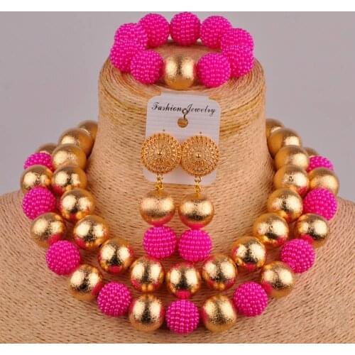 Fuchsia pink costume african jewelry set simulated pearl nigerian traditional wedding set FZZ74