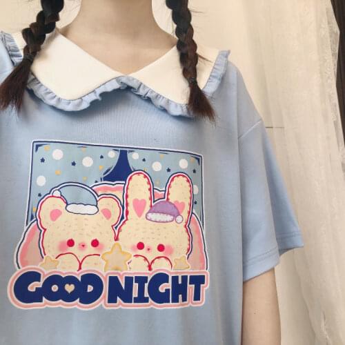 2021 Cute Cartoon Rabbit Print T-Shirt Funny Loose Blue Female Kawaii Tee Fashion Harajuku Japan Style T Shirt Hip Hop Clothes