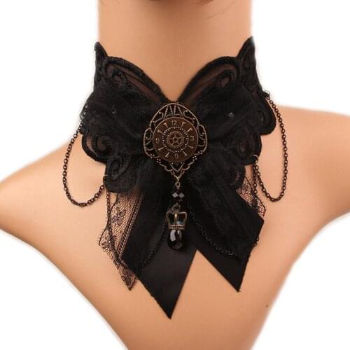 Fine Quality Nice Black Lace and Vintage Clock Charm Gothic Steampunk Choker Necklace
