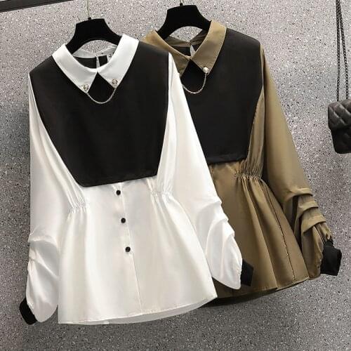 JSXDHK M-4XL Plus Size Autumn Fake Two-Piece Shirts Fashion Women Black White Patchwork Turn Down Collar Loose Blouses Female
