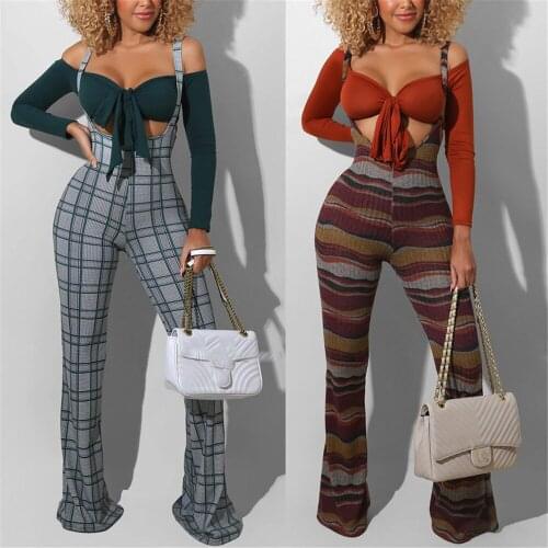 Retro Autumn Women High-Waist Plaid Overalls Thin Pants Flare Trousers Party Club Loose Wide-Leg Suspender Straps Bottoms