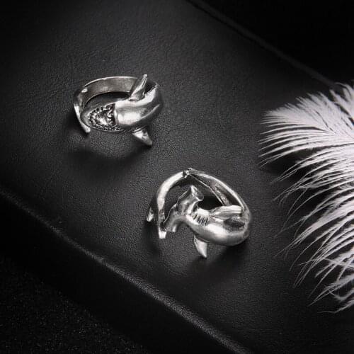 2pcs Vintage Silver Color White Shark Rings Set for Women Men Punk Style Party Opening Rings Fashion Stainless Steel Jewelry