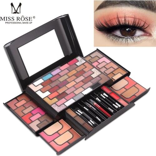 MISS ROSE 68 Colors Eyeshadow Palette Kit 8 Colors Blush Powder Eyebrow Lipstick Multifunction Sequins Cosmetics Kit