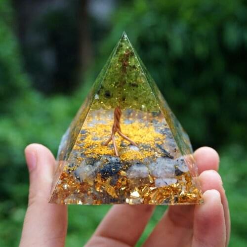Handmade Orgonite Pyramid 60mm Tree of Life Peridot Black Quartz Rutilated Natural Cristal Stone Reiki Energy Healing Orgone