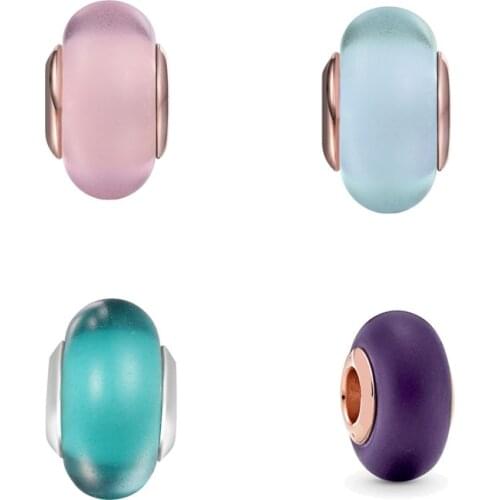 Fits Pandora Bracelet 925 Sterling Silver Matte Green Purple Pink Blue Murano Glass Charms Beads DIY Jewelry Making 2021 New