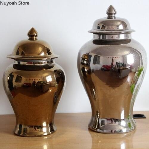 Gold-plated Silver Ceramic Vase Simple Dried Flower Flower Arrangement Accessories Living Room Crafts Storage Jar Decoration