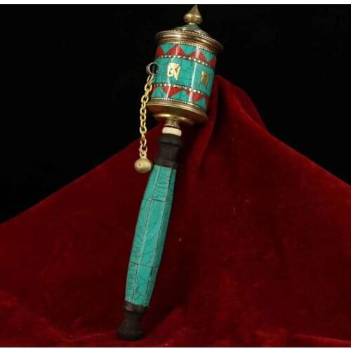 Elaborate Nepalese pure copper hand-built gemstone prayer wheel （It has Tibetan scriptures in it)