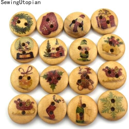 15MM Christmas Wooden Button 2 Holes Mixed Christmas Pattern Wooden Buttons Fit Sewing and Scrapbook