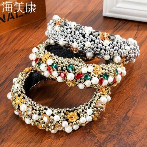 Haimeikang Luxury Sparkly Full Wedding Hair Crystal Pearl Baroque Hairband Padded Rhinestone Princess Headband Headdress