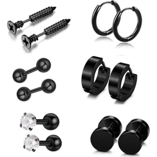 6 Pairs/ Set Gold Screw Stainless Steel Earring Cute Big Circle Earrings Hoop Huggie Jewelry Men Women Gift