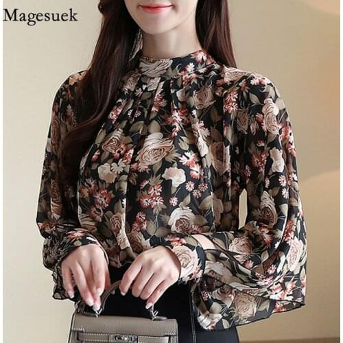 Spring Long Sleeve Floral Print Chiffon Blouse Women Stand Collar Loose Shirt Blouses Women Elegant Female Clothing Blusas 8281