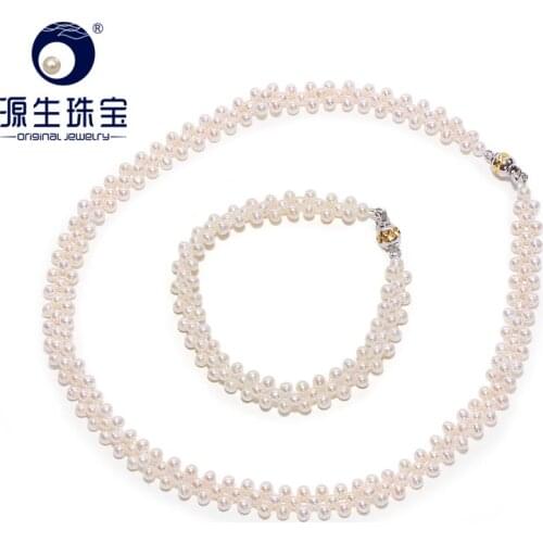 YS Hand-knitted Elegant 3-4 mm White China Freshwater Pearl Choker Necklace/Bracelet Jewelry Set For Women