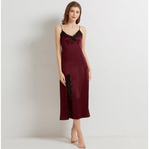 Women 2020 New 100% Pure Silk Spring Summer Nightdress Silk Suspender Nightdress Female Lace Sexy Slit 100% Silk HomeNightgown