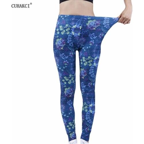 CUHAKCI Hot Sale Summer New Arrival Women Leggings Color Blue Floral Printed Leggins Elastic New Fitness Pants Stretch Drop Ship