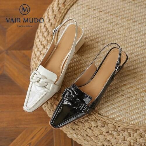 VAIR MUDO Women Pumps Shoes High Heels Pointed Toe Cow Leather Black White Metal Decoration Solid Casual Spring Autumn D38L