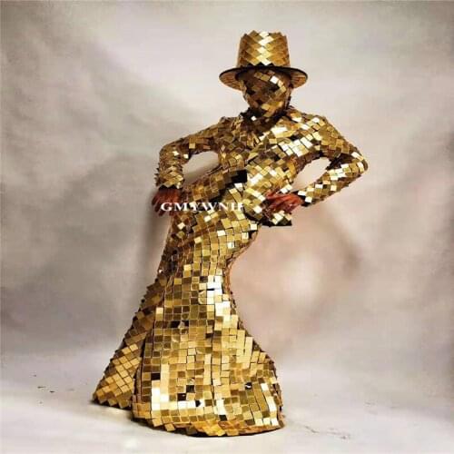 P93 Party ballroom dance costumes robot women suit gold color mirror dress women performance dress suit dj outfit mirror glass