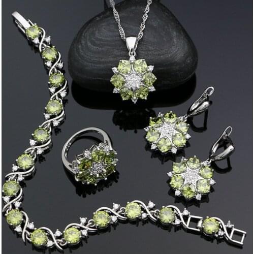 925 Silver Jewelry Sets For Women Olive Green Cubic Zirconia White Crystal Earrings Pendant Necklace Ring Bracelet Set