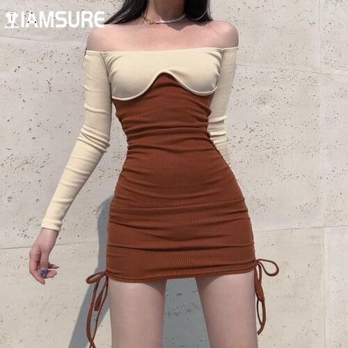 IAMSURE Drawstring Patchwork Bodycon Dress Sexy Slim Slash Neck Long Sleeves Mini Dresses For Women 2021 Autumn Winter Ladies