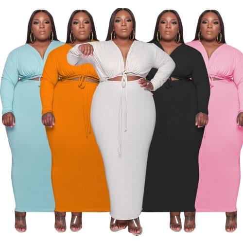Plus Size 3XL 4XL Women Sexy Solid Color Elegant Long Dress White Orange Pink Full Sleeve V-neck Hollow Out Dresses Outfits