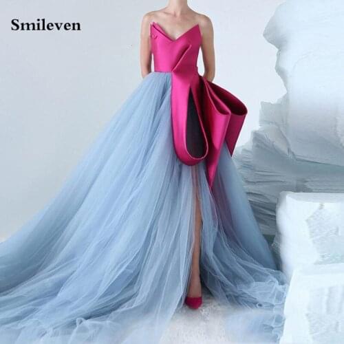 Smileven Princess Dirty Skirt Blue Formal Evening Dress Prom Gown Strapless Vestido de festa Side Split Party Evening Gowns