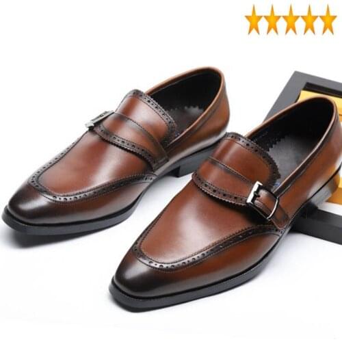 100% Loafers Handmade Mens Genuine Leather Buckle Pointed Luxury Wedding Party Dress Shoes Brand Office Brogue Zapatos