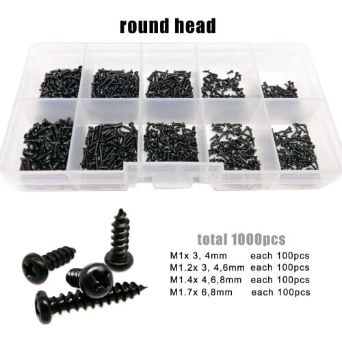 1000pcs M1 M1.2 M1.4 M1.7 Black Steel Mini Micro Cross Phillips Round Flat Countersunk Head Self Tapping Wood Screw Set Kit Box