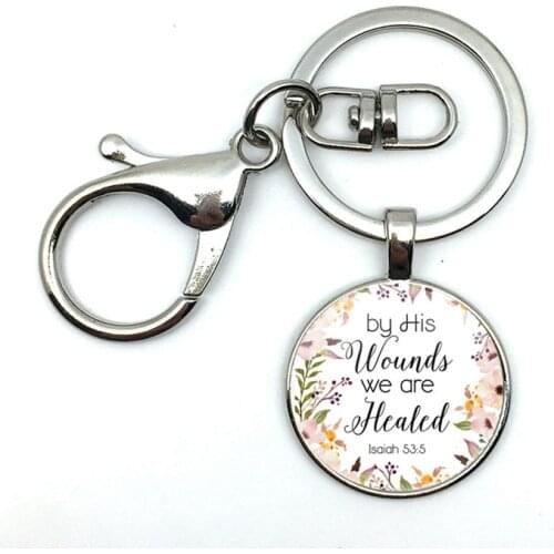 2018/Fashion Hot Sells Through His Injury We Healed Isaiah 53 5 Scripture Scripture Floral Pattern Glass Pendant Keychain